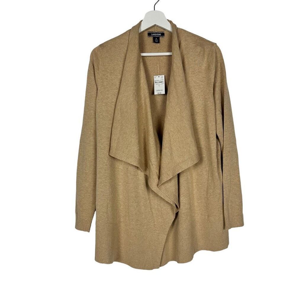 Lands' End Heather Pecan Waterfall Open Front Cardigan size Large NEW